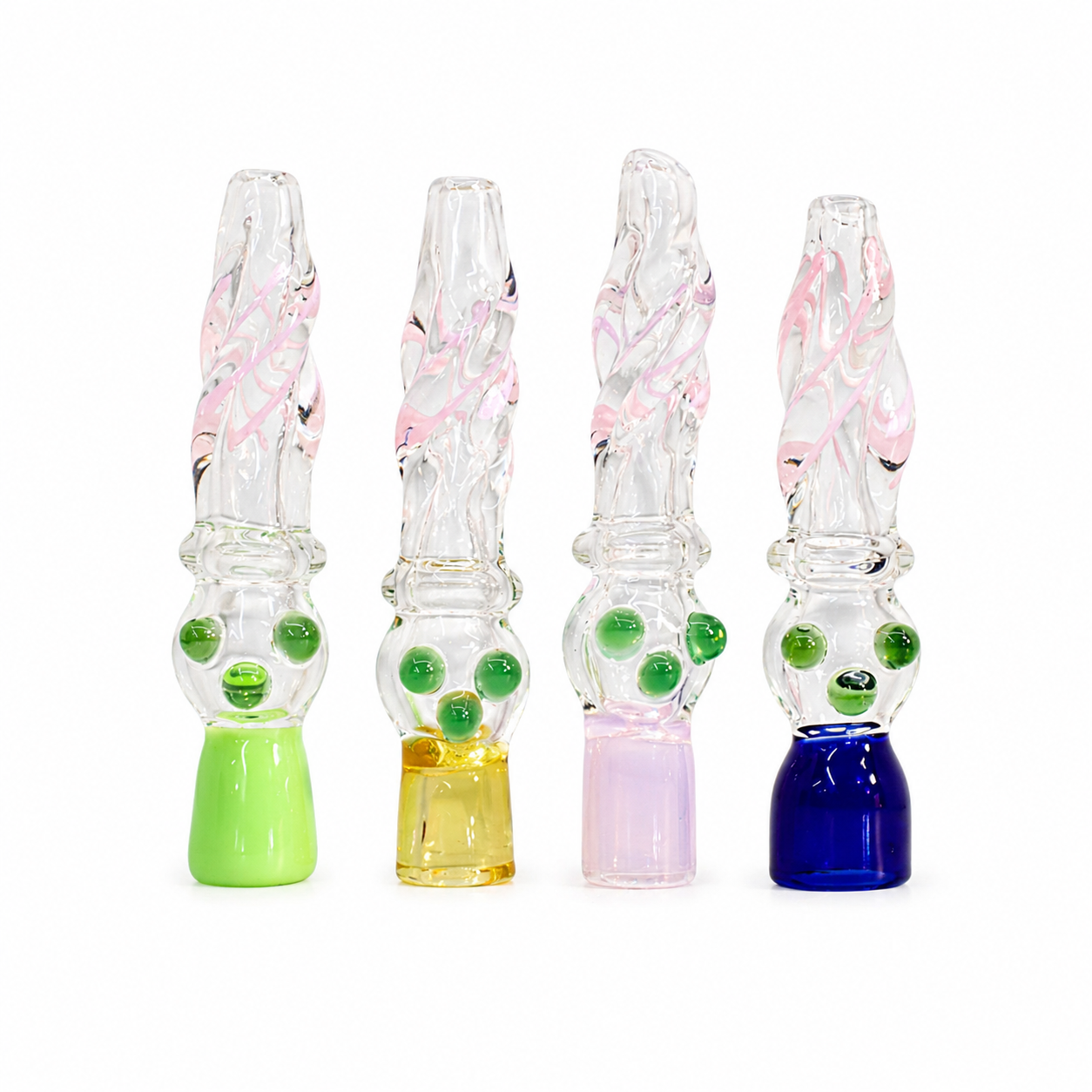3.5" Spiral Ribbed Glass One Hitter Chillum with Emerald Marbles & Colored Base