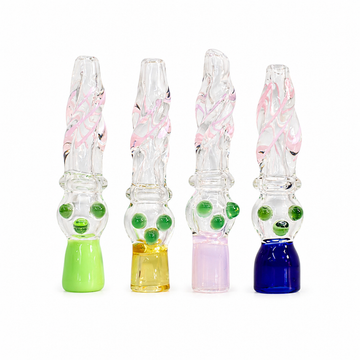 3.5" Spiral Ribbed Glass One Hitter Chillum with Emerald Marbles & Colored Base