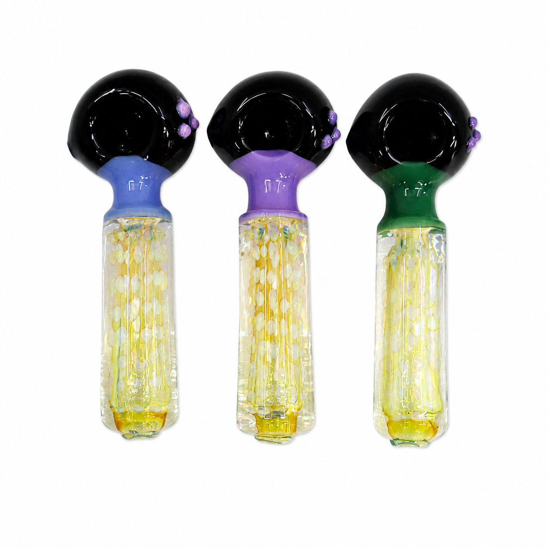 Three glass water pipes with black bulb tops and colored necks, displayed side by side on a white background.

