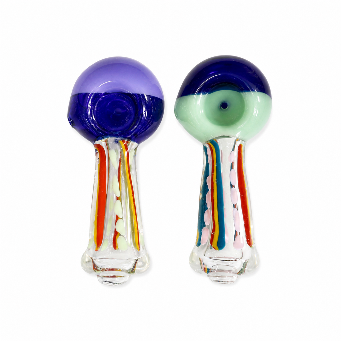 4.5" Two-Tone Crown Vertical Cane & Frit Dot Glass Spoon Pipes