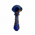 A blue glass water pipe with a textured, speckled finish and spiral accents of red, yellow, and green on the stem, shown against a plain white background.

