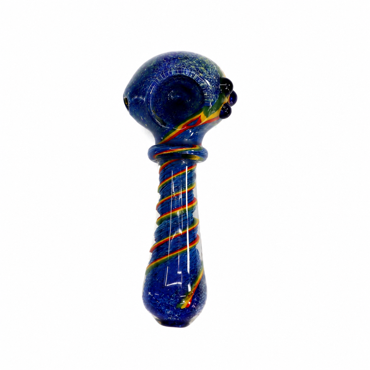 A blue glass water pipe with a textured, speckled finish and spiral accents of red, yellow, and green on the stem, shown against a plain white background.

