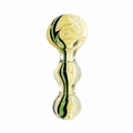 A clear glass bachelorette party novelty toy with a bulbous shape, featuring a yellow and green marbled swirl pattern, isolated on a white background.