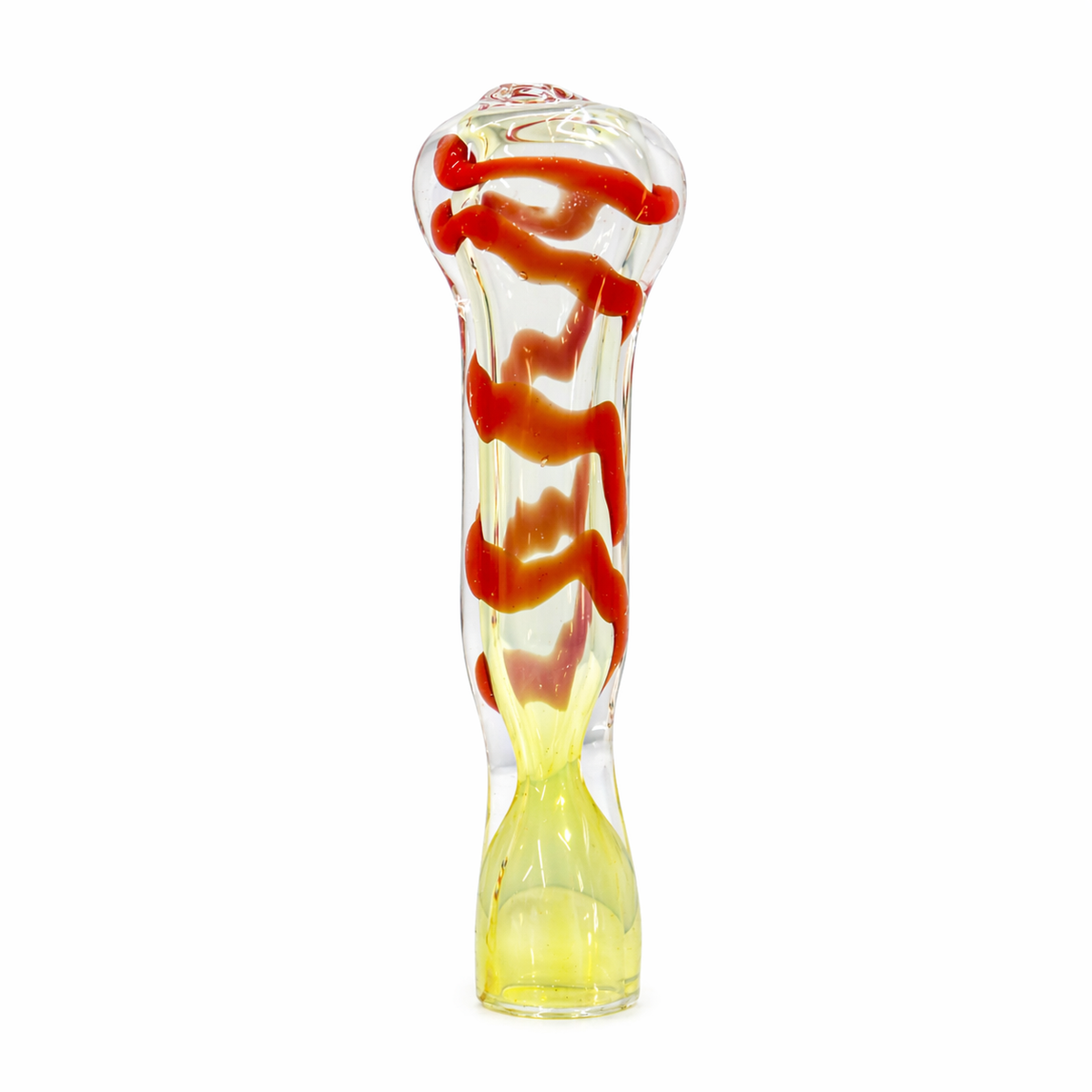 A clear glass bottle or vase with a bulbous top and flared base, decorated with wavy red and yellow glass swirls, shown on a plain white background.

