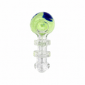 A clear glass dildo with a rounded bulbous top featuring a swirl of neon green and dark blue glass, set against a plain white background.


