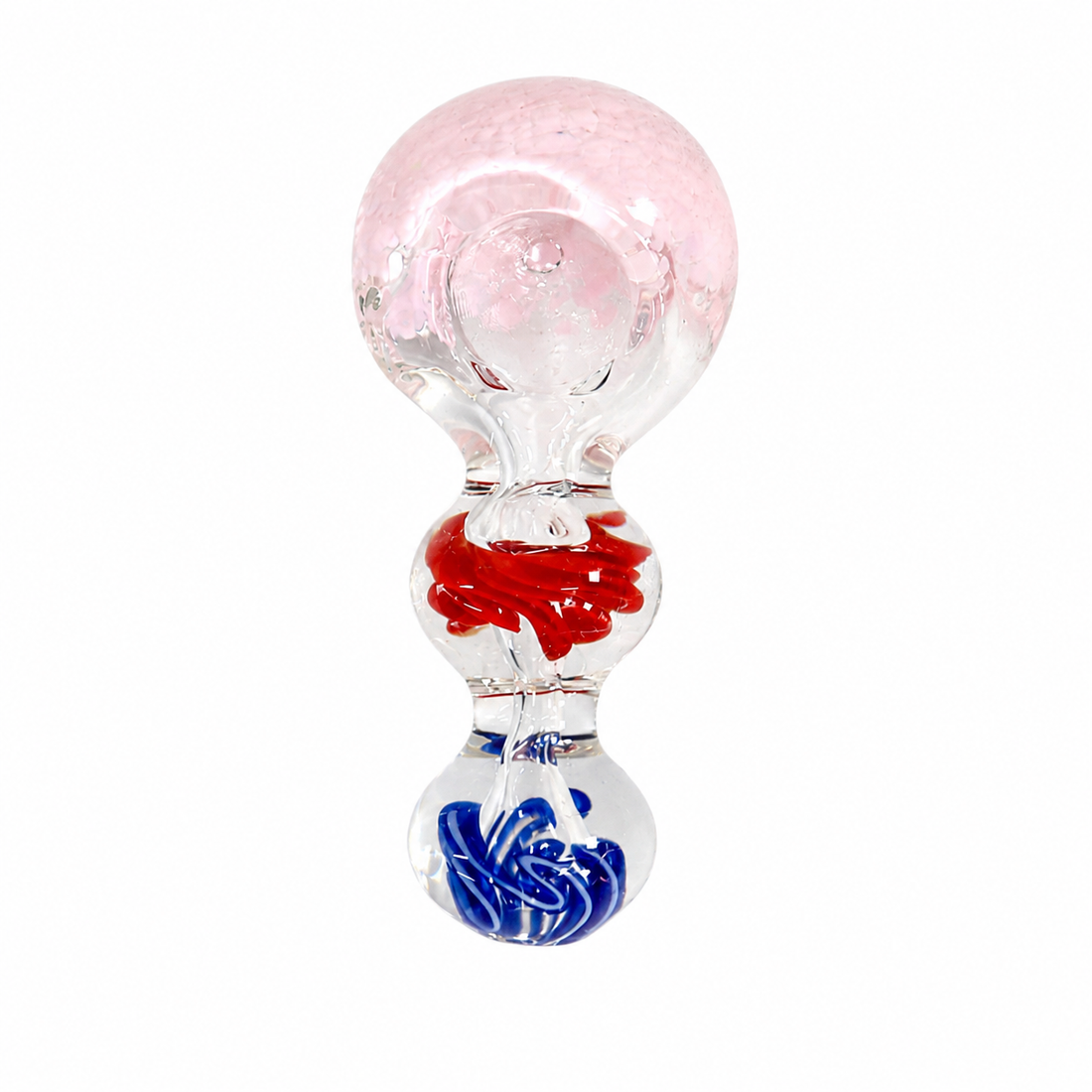 Six glass mushroom-shaped pipe pieces arranged in two rows on a plain white background. The pieces are made of transparent glass with colorful swirls and inclusions in green, purple, blue, red, yellow, and pink.

