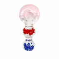 A clear glass double-bulb rattle with a large top bulb containing pink swirls, a middle bulb with red swirls, and a bottom bulb with blue swirls, isolated on a white background.

