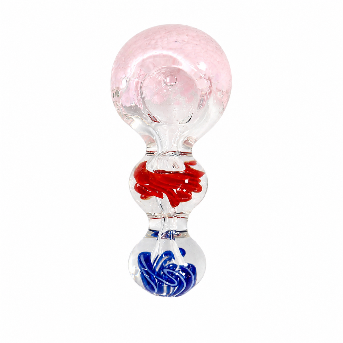 A clear glass double-bulb rattle with a large top bulb containing pink swirls, a middle bulb with red swirls, and a bottom bulb with blue swirls, isolated on a white background.

