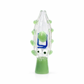 A clear glass smoking pipe with a green bulbous base, green raised bumps along the sides, a green mouthpiece, and a blue inner accent, photographed on a plain white background.

