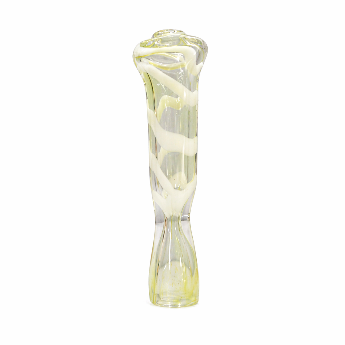 Two clear glass banger pipes with decorative swirls, one featuring a red swirl pattern and a yellow base, and the other with a white swirl pattern and a pale yellow base, set against a plain white background.
