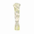 A clear glass water pipe mouthpiece with a swirled pale yellow and white pattern, shown against a plain white background.

