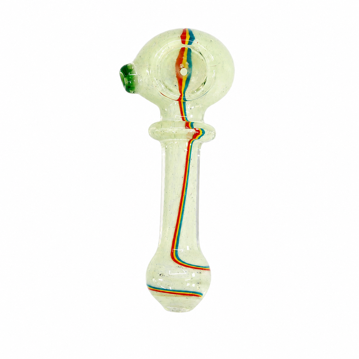 A clear glass water pipe with a bulbous bowl and stem, featuring swirls of red, green, and blue glass, isolated on a white background.

