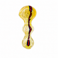 A clear glass water pipe with a bulbous shape, featuring a vibrant yellow base color and a vertical stripe pattern of red, blue, and black.

