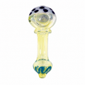A clear glass water pipe with a bulbous top featuring dark blue glass spots, a pale yellow translucent body, and blue decorative detailing near the mouthpiece, shown on a plain white background.

