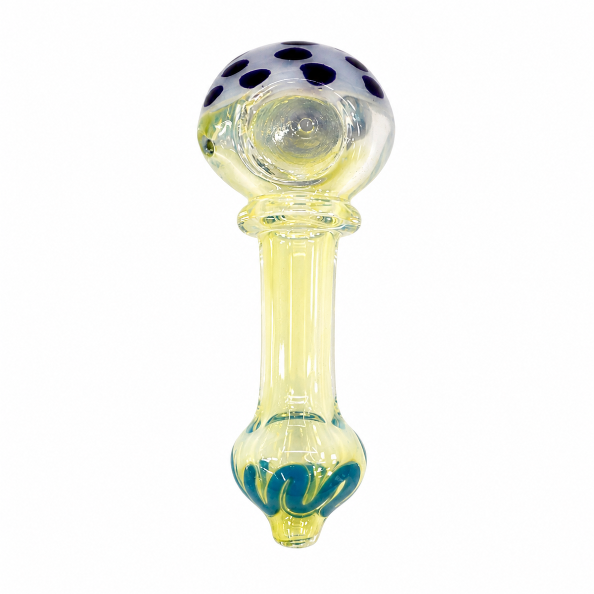 A clear glass water pipe with a bulbous top featuring dark blue glass spots, a pale yellow translucent body, and blue decorative detailing near the mouthpiece, shown on a plain white background.

