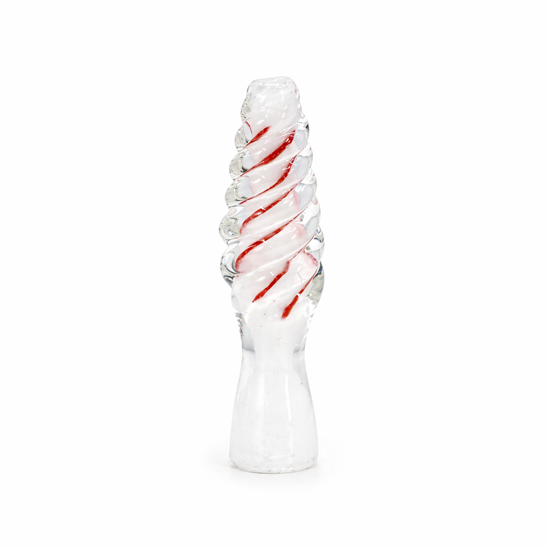 Six hand-blown glass water pipe pieces arranged in a row on a white background, each with a different color combination including white and red, green and red, yellow and red, orange and black, dark brown and red, and red and orange.

