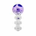 A glass dildo with a purple and blue marbled glass head and a clear textured glass base, shown on a solid white background.


