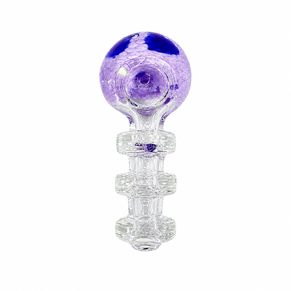 A glass dildo with a purple and blue marbled glass head and a clear textured glass base, shown on a solid white background.

