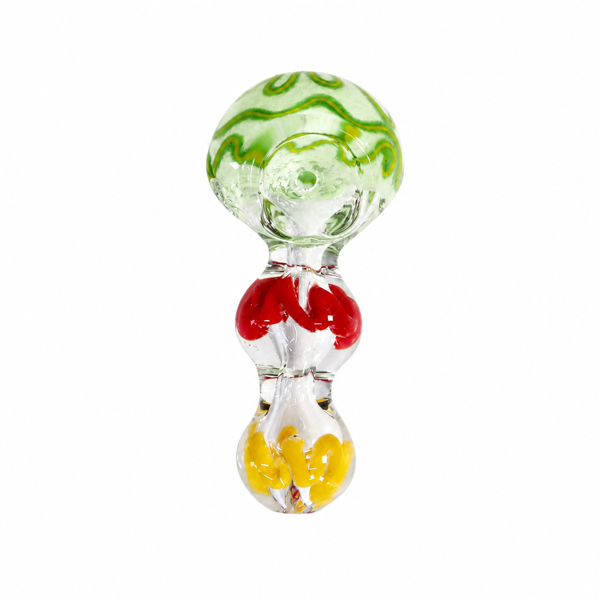 A glass water pipe with a clear body, featuring a green and white wavy pattern on the top bulbous chamber, red heart-shaped accents in the middle, and yellow heart-shaped accents in the bottom bulbous chamber, set against a plain white background.

