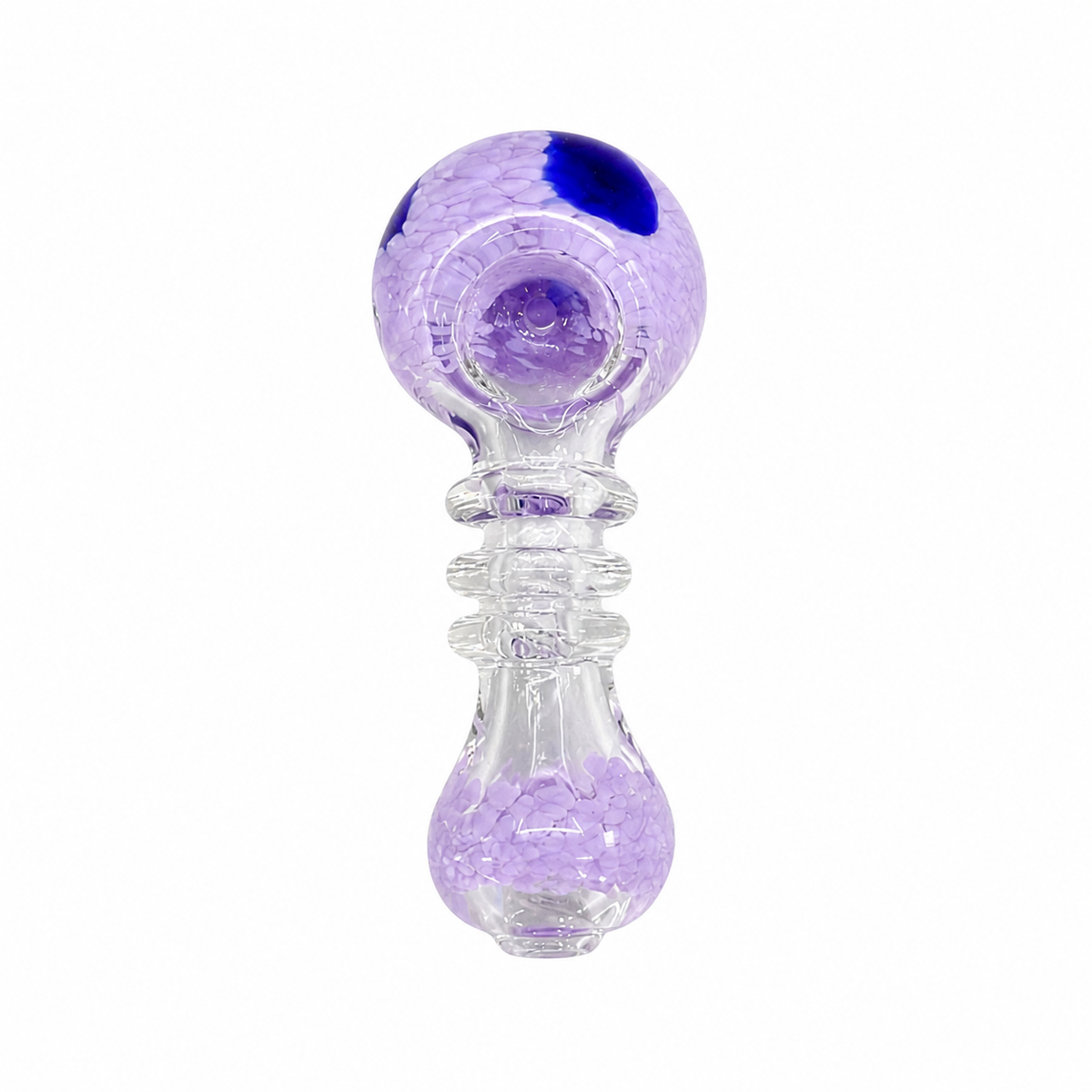 A glass water pipe with a purple and blue marbled top bowl and a clear textured glass body, shown on a solid white background.

