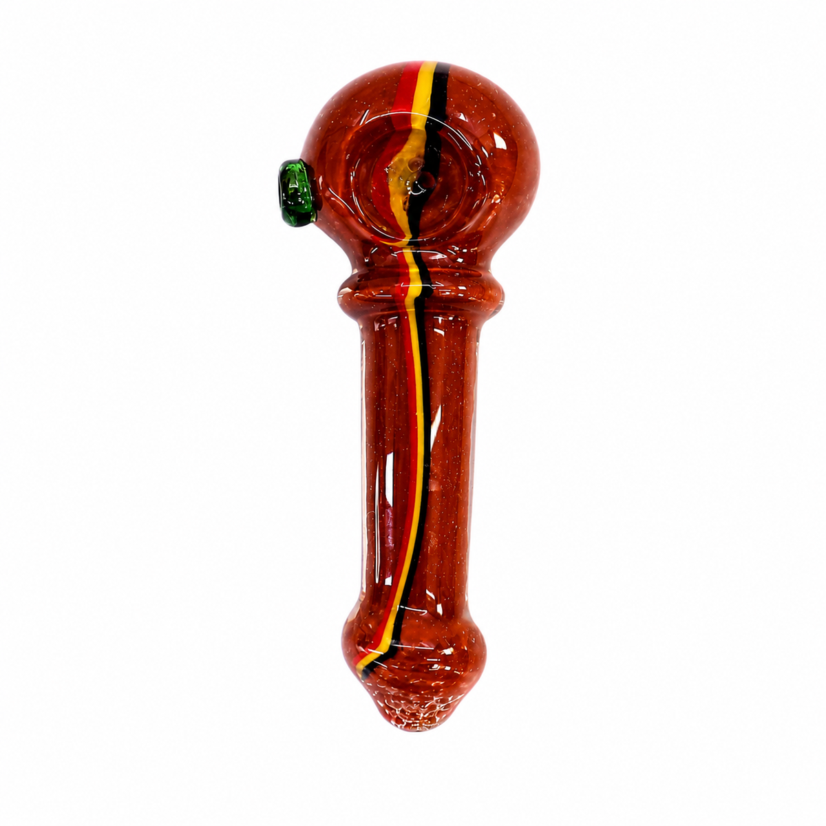 A glossy red glass water pipe with a yellow, black, and red vertical stripe pattern, featuring a green glass mouthpiece, shown against a plain white background.

