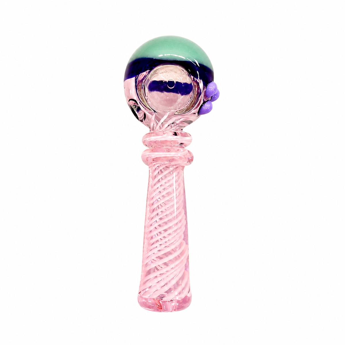 A hand-blown glass art piece featuring a textured pink stem with a twisted swirl pattern, topped with a spherical head that transitions from mint green to dark blue, with purple glass accents on the side.

