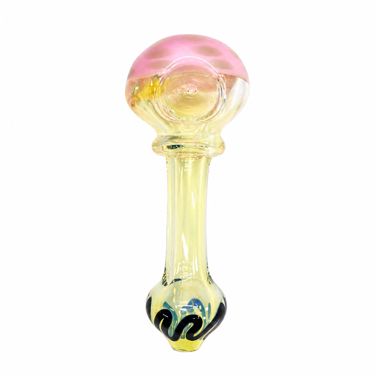 A hand-blown glass dildo with a pink and yellow gradient dome head, a yellow glass neck, and a bulbous base featuring black and blue swirls, isolated on a white background.

