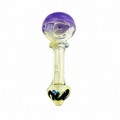 A hand-blown glass dildo with a purple and clear glass head, a clear glass stem, and a flared base featuring black and blue swirls, isolated on a white background.

