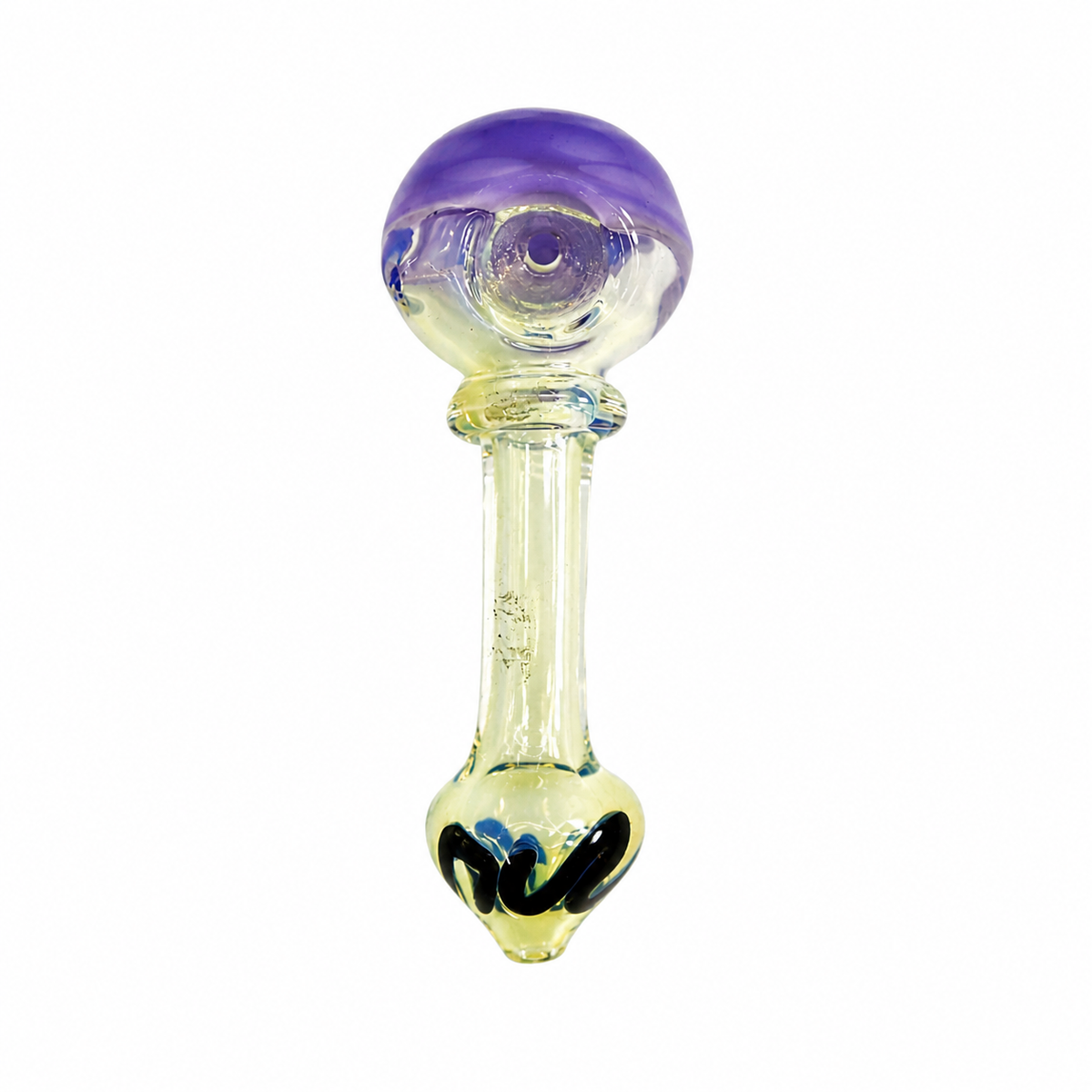 A hand-blown glass dildo with a purple and clear glass head, a clear glass stem, and a flared base featuring black and blue swirls, isolated on a white background.

