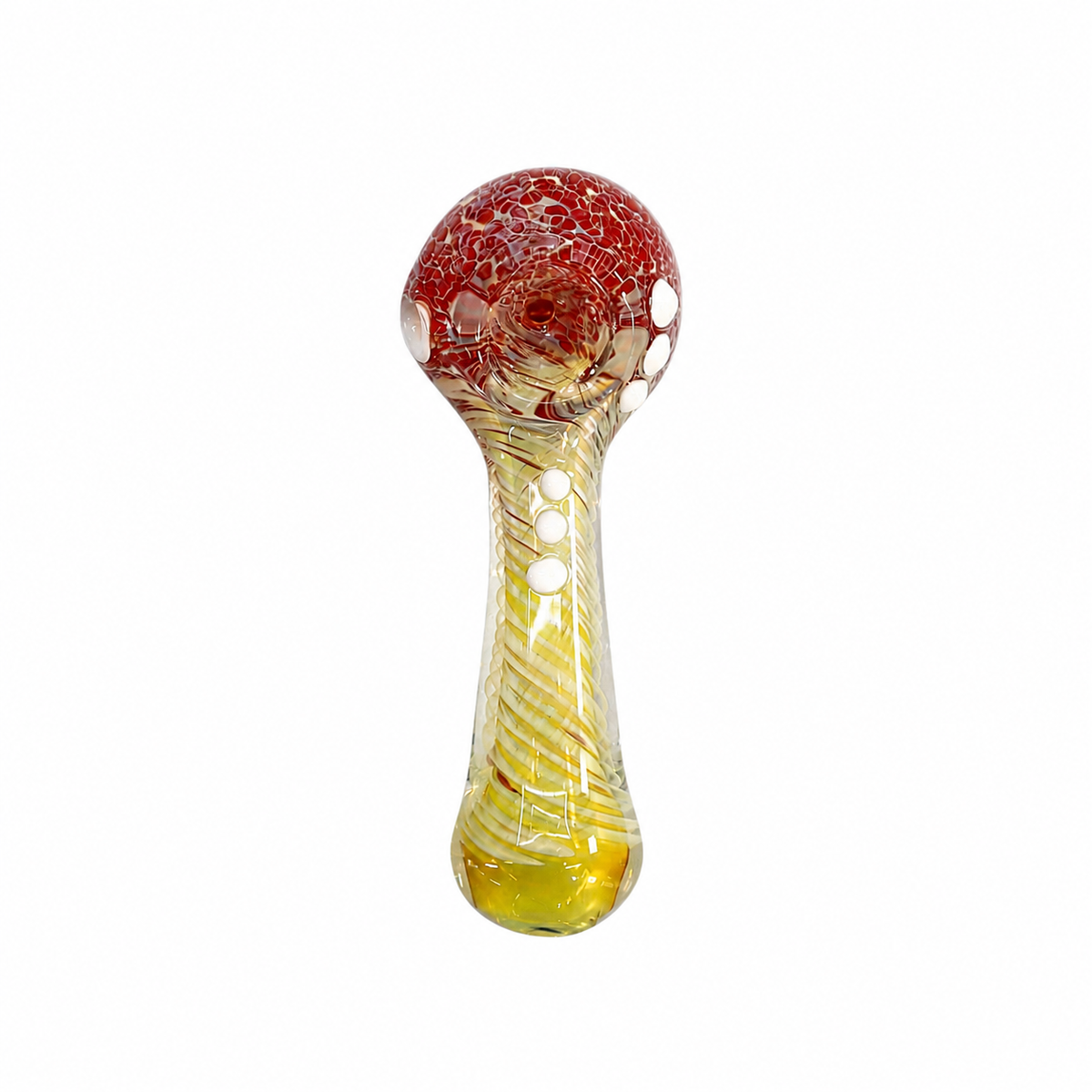 A hand-blown glass object with a rounded red top featuring white speckles and a tapered yellow-and-clear striped stem, shown on a plain white background.


