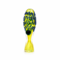 A hand-blown glass sculpture shaped like a stylized fish, featuring a vibrant yellow body with blue and green wavy patterns and a glossy black eye, set against a plain white background.

