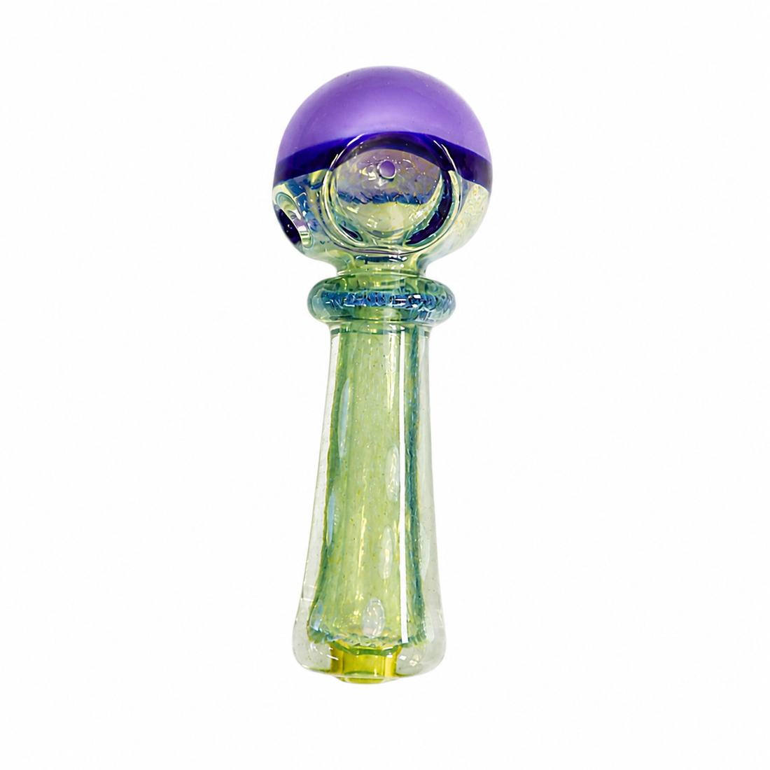 Two small glass smoking accessories with bulb-shaped tops, one featuring a green-to-blue gradient and the other purple-to-blue gradient, on a plain white background.

