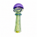 A hand-blown glass smoking accessory with a purple and green bulbous top and a textured green neck, isolated on a white background.

