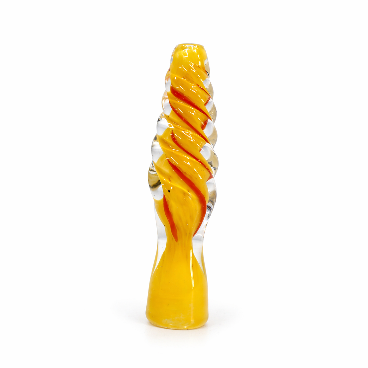 A hand-blown glass smoking accessory with a twisted spiral design, featuring a vibrant yellow body with orange-red swirls and a clear glass base, set against a plain white background.

