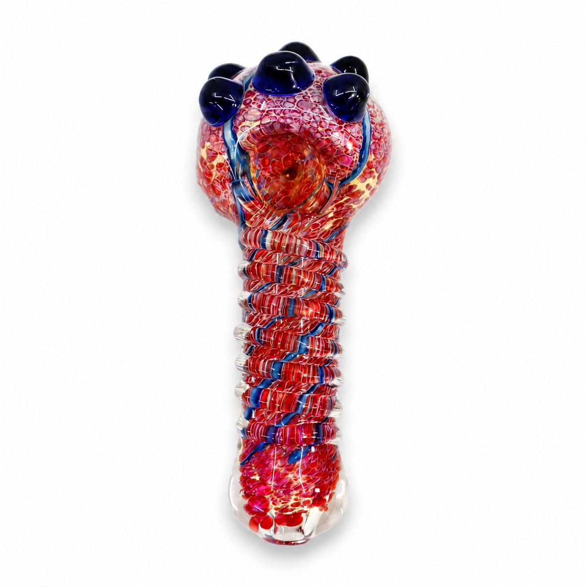 A hand-blown glass smoking pipe with a bulbous head featuring four dark blue glass eyes, a red and orange speckled body, and a long, ridged neck with blue and red glass swirls, set against a plain white background.

