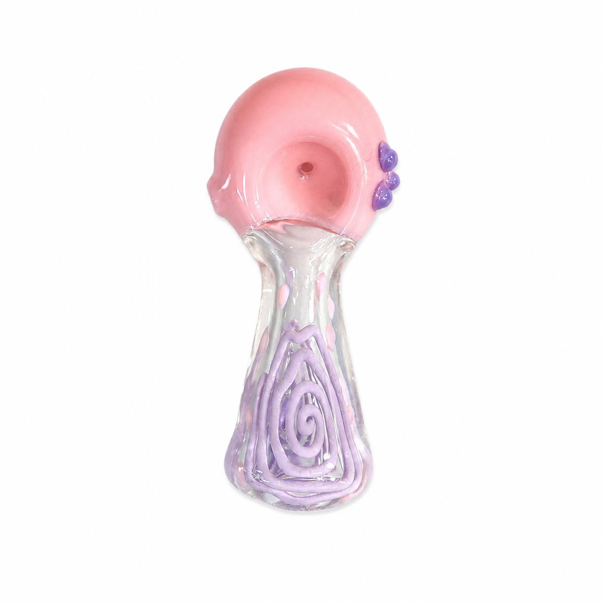 A hand-blown glass smoking pipe with a pink mouthpiece, purple accent beads, and a clear glass stem featuring a purple swirl pattern, isolated on a white background.

