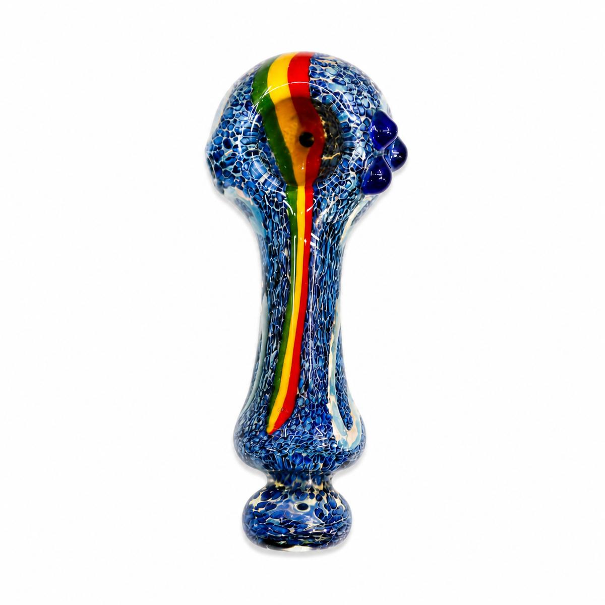 A hand-blown glass smoking pipe with a textured blue speckled body, featuring a vertical red, yellow, and green striped accent and dark blue grape accents on the side, shown against a plain white background.

