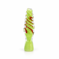 A hand-blown glass water pipe with a bright lime green base and a spiral pattern of red and clear glass on a light green stem, set against a plain white background.


