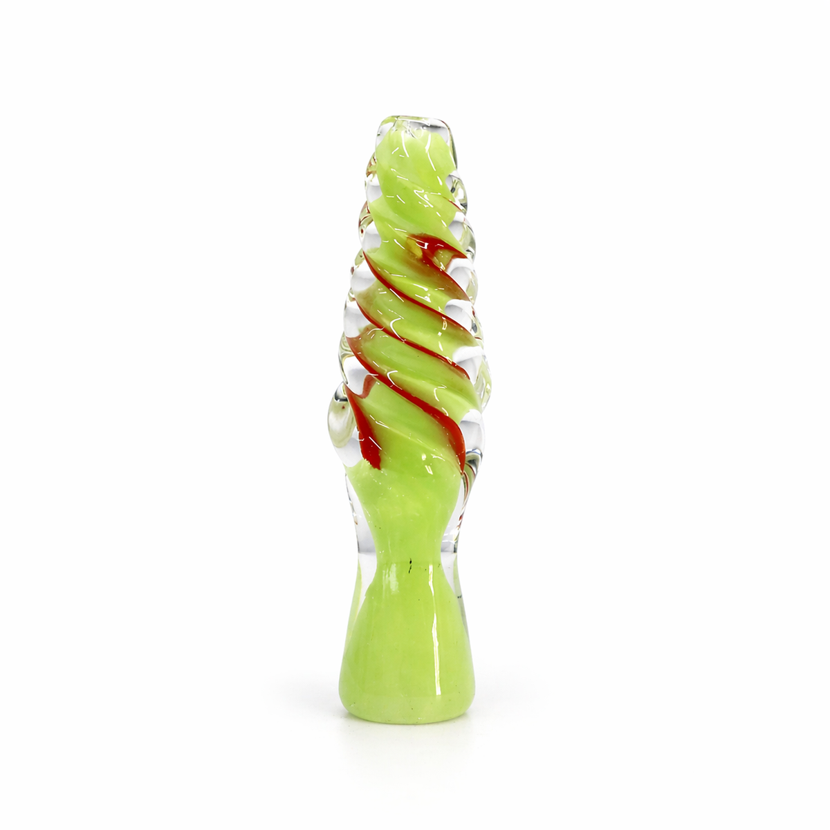 A hand-blown glass water pipe with a bright lime green base and a spiral pattern of red and clear glass on a light green stem, set against a plain white background.

