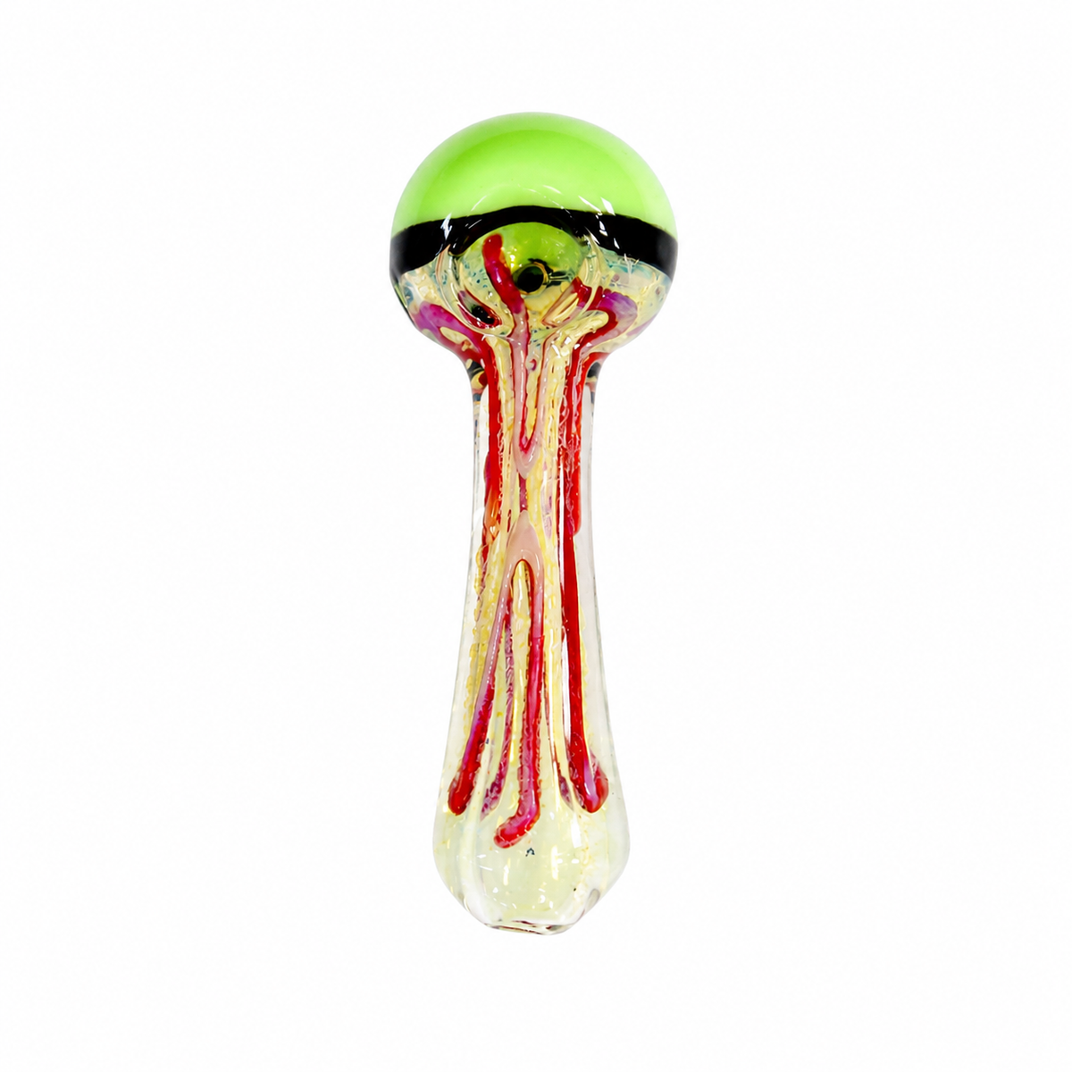A hand-blown glass water pipe with a bright lime green dome top, a black band, and red and yellow marbled glass dripping down into a clear, glittery base, shown on a solid white background.

