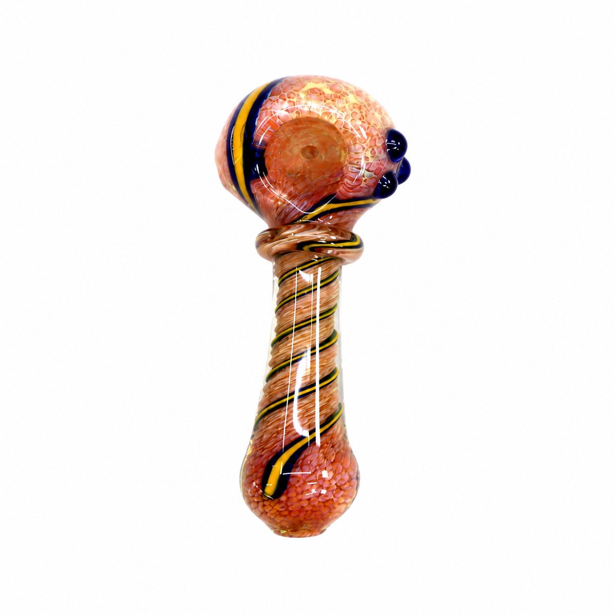 A hand-blown glass water pipe with a bulb-shaped mouthpiece and a twisted stem, featuring a mottled orange and pink body with yellow, green, and dark blue glass swirls, set against a plain white background.

