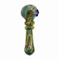 A hand-blown glass water pipe with a bulb-shaped top and a long stem, decorated with green, yellow, and blue glass patterns, shown against a plain white background.

