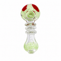 A hand-blown glass water pipe with a bulbous base, a flared neck, and a rounded top. The glass is clear with light green marbled swirls, a red accent on the top, and subtle reddish-brown tones in the neck.

