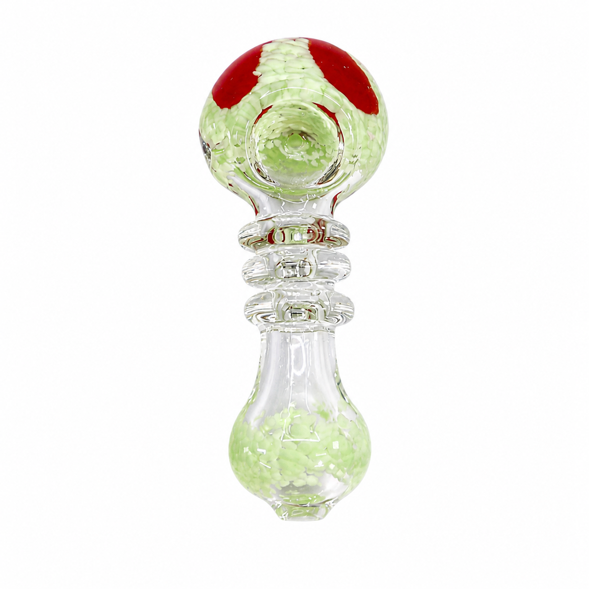 A hand-blown glass water pipe with a bulbous base, a flared neck, and a rounded top. The glass is clear with light green marbled swirls, a red accent on the top, and subtle reddish-brown tones in the neck.


