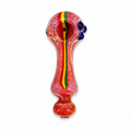 A hand-blown glass water pipe with a bulbous body, featuring a red speckled base, a vertical yellow, green, and red stripe down the center, and a blue mouthpiece on the side, shown against a plain white background.

