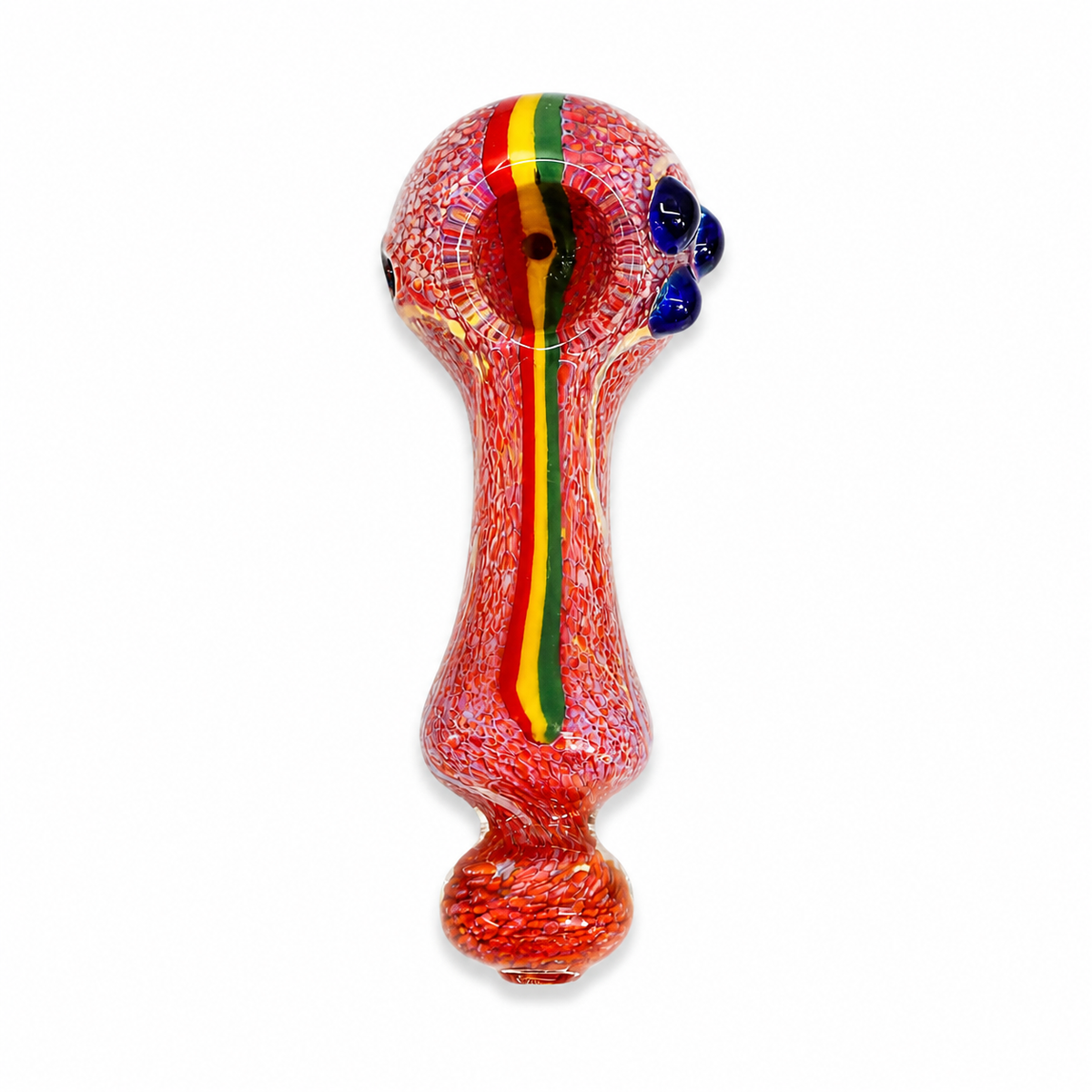 A hand-blown glass water pipe with a bulbous body, featuring a red speckled base, a vertical yellow, green, and red stripe down the center, and a blue mouthpiece on the side, shown against a plain white background.

