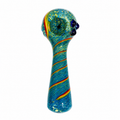 A hand-blown glass water pipe with a bulbous head and long neck, decorated with vibrant blue, green, yellow, and orange swirls and patterns, set against a plain white background.