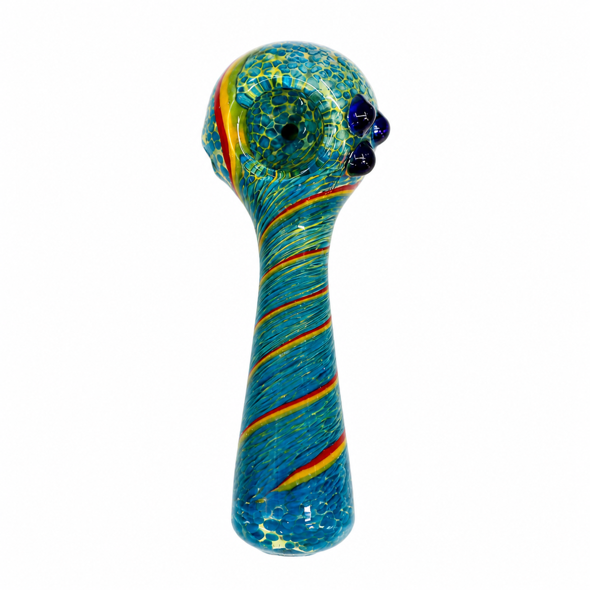 A hand-blown glass water pipe with a bulbous head and long neck, decorated with vibrant blue, green, yellow, and orange swirls and patterns, set against a plain white background.