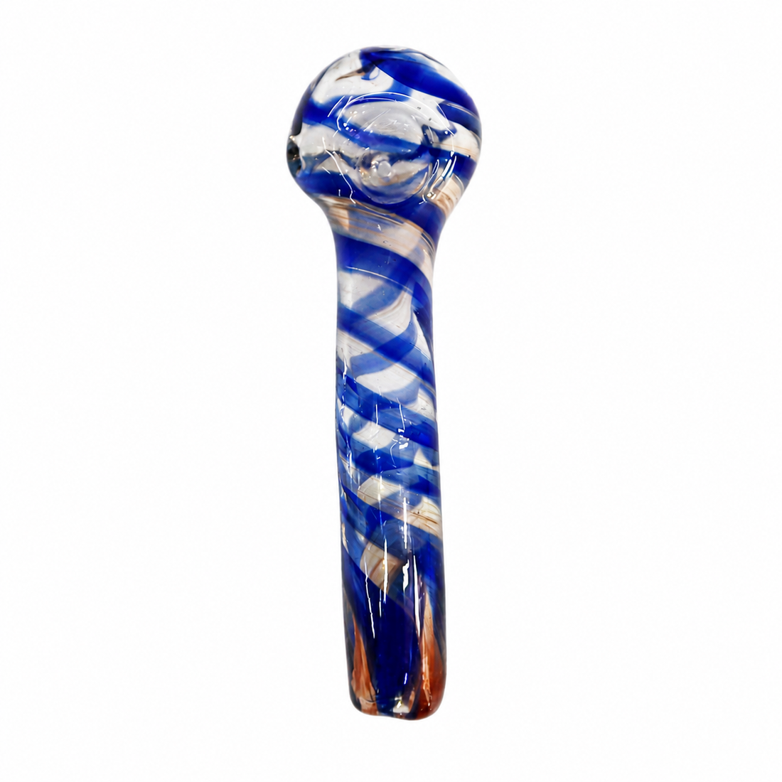 Five hand-blown glass water pipes arranged in a row on a plain white background, each featuring unique swirl patterns of blue, orange, brown, white, and green.

