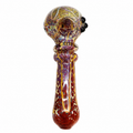 A hand-blown glass water pipe with a bulbous top and long neck, featuring a marbled pattern of amber, purple, red, and gold with black glass accents at the mouthpiece, shown on a plain white background.

